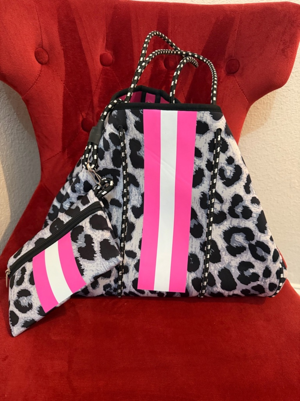 NEW Leopard Print Tote with Pink & White Stripe
